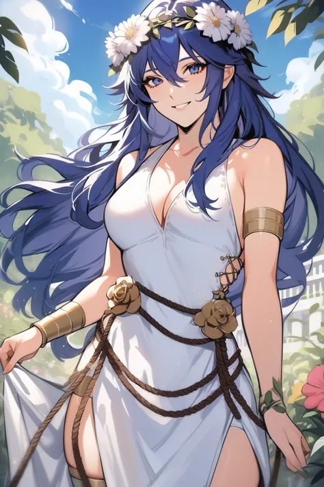 masterpiece, best quality, solo, 1girl, <lora:lucina-xl-nvwls-v1-000008:0.9> valLucy, hair flower, sleeveless white dress, bracer, armlet, rope, smile, greek architecture, blue sky, clouds, garden, looking at viewer, smile