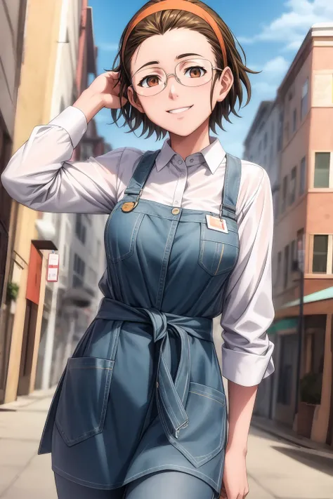 hires, best quality, masterpiece, 1girl, solo, looking at viewer, smile, short hair, brown hair, brown eyes, glasses, hairband, tsugumi_rosenmeier, poses, skirt, shirt, long sleeves, white shirt, collared shirt, pants, apron, dress shirt, black pants, wing...