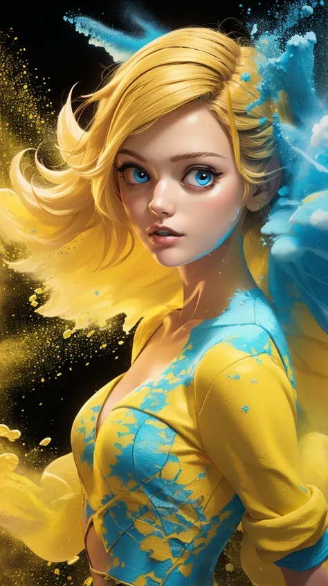 <lora:Sexy-Ukrainian:1>  blonde straight  hair, blue eyes, light blue powder, yellow powder splashes on background, high quality photography, <lora:powder_v1.0:1>