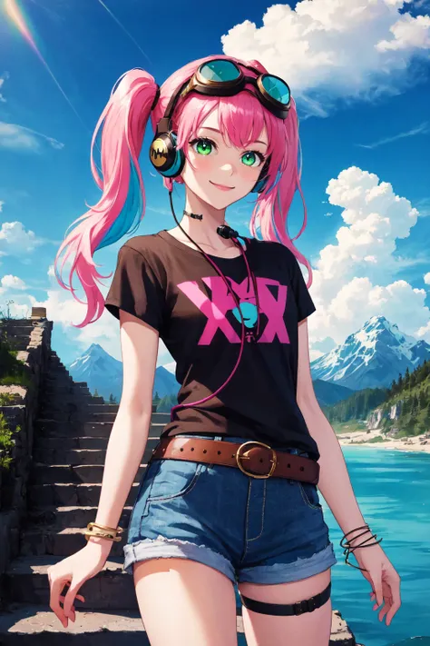 1girl, belt, bracelet, cowboy shot, goggles, goggles on head, green eyes, multicolored hair, pink hair, blue hair, neon stripes, horror theme, green hair, headphones, headphones around neck, jewelry, long hair, looking at viewer, shirt, short sleeves, shor...