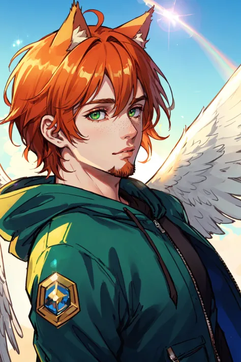 1boy, male focus, solo,(masterpiece, best_quality, ultra-detailed, immaculate:1.3), epic, illustration, render, volumetric lighting, welcoming, see-through gossamer, in Japan,  orange hair, facial hair, beard, hood down, masculine, freckles looking at view...