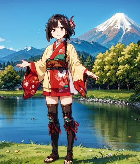 masterpiece, anime screencap, 1 girl, solo, short hair, long sidebang, braid, brwon hair, brown eyes, hair hornament, japanese clothes, haori, thigh boots, full body, standing, outdoors, mountain, cowboy shot  <lora:Oka:1>