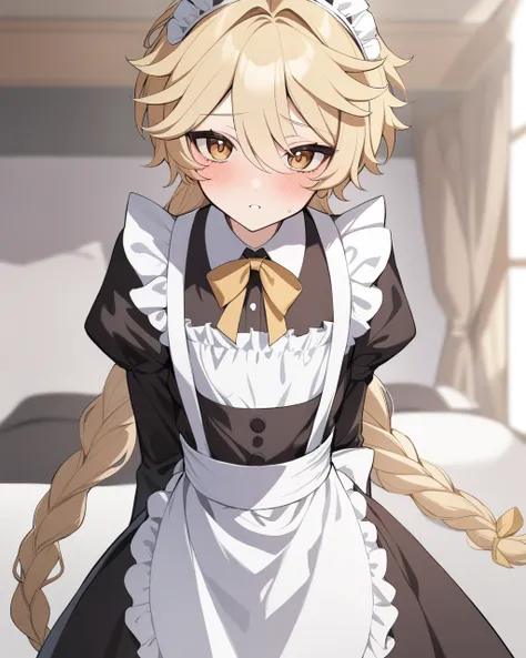 masterpiece,best quality,<lora:aether:1>,aether (genshin impact), 1boy, male focus, maid, crossdressing, maid headdress, apron, solo, blush, looking at viewer, maid apron, frills, dress, otoko no ko, alternate costume, ribbon, enmaided, long sleeves, puffy...