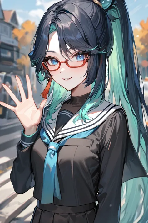 masterpiece, best quality, ultra detailed, BREAK 
1girl, solo, female, xianyunexp, blue eyes, multicolored hair, ponytail, hair ornament, glasses, earrings, 
school unifrom, serafuku, skirt, , saying hi, waving hand, upper body, light smile, outdoors, look...