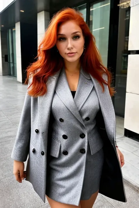 <lora:Ch3rr9Bl0ss0m_v1:1>, high quality, high resolution, red hair girl, looking at viewer, business woman in formal outfit, jacket, coat, winter, thick, Ch3rr9Bl0ss0m