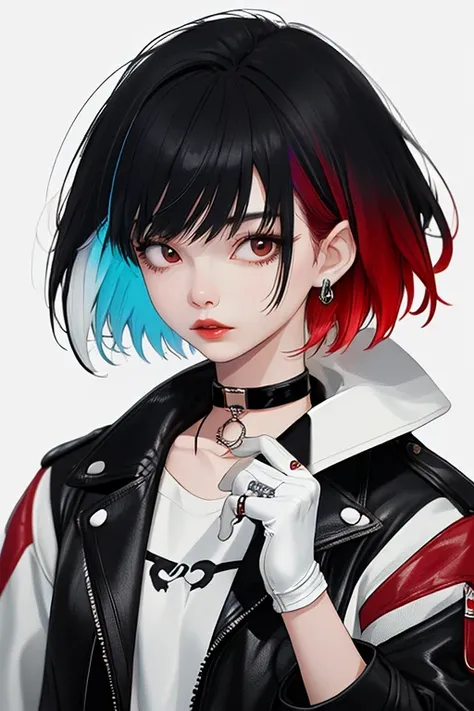 <lora:cervine-v2:0.8>,
Very cool,1girl,solo,black hair,leather,multicolored hair,Red gradient hair,gloves,looking at viewer,leather jacket,realistic,short hair,jacket,jewelry,red hair,ring,black eyes,choker,white background,simple background,lips,white glo...