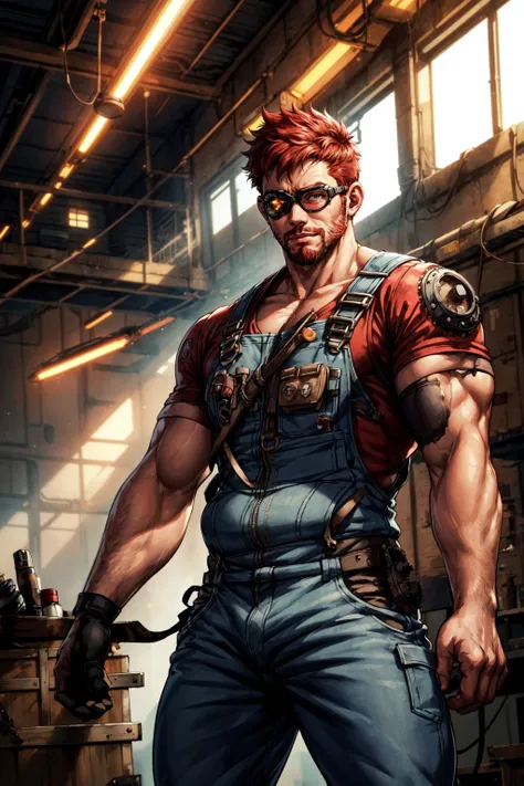 1boy, a handsome chubby engineer works on repairing a spacecraft, overalls, facial hair, goggles, steampunk, warehouse, loft windows, dreamy lighting, light shafts, dust particles, details, cinematic, scruffy, red hair, wrench, gears, broken airship parts,...