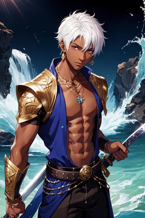 1boy, belt, closed mouth, dark skin, dark-skinned male, earrings, jewelry, looking at viewer, male focus, necklace, short hair, solo, sword, water, weapon, white hair, masterpiece, official art