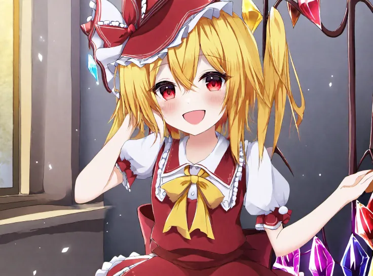 A girl flandre scarlet has red eyes, yellow hair, and fair skin. She is wearing a red and white dress with a yellow bow. She is smiling and has her hand on her cheek. The camera angle is from the front. sitting in a chair