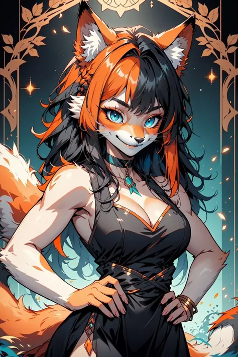 furrydskstyle, 1girl, solo, long hair, looking at viewer, smile, bangs, blue eyes, large breasts, black hair, dress, animal ears, cleavage, jewelry, tail, multicolored hair, sleeveless, choker, artist name, hand up, signature, blunt bangs, orange hair, bla...