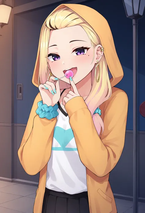 score_9, best quality, masterpiece, uncensored, source_anime
BREAK
1girl, animal print, aqua nails, blonde hair, candy, ear piercing, earrings, eating, eyelashes, female focus, forehead, gradient hair, gyaru, hair ornament, hair scrunchie, holding candy, h...