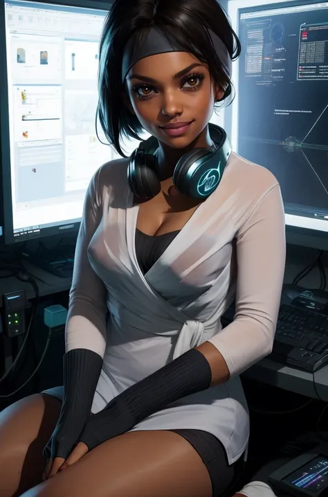 pl3stic,brown eyes,black hair,short hair,
white shirt,single  glove,headband,headphones around neck,
looking at viewer,smile,cleavage,covered nipples,
sitting,
science fiction,white room,tech,
(insanely detailed, masterpiece, best quality),solo,<lora:plast...