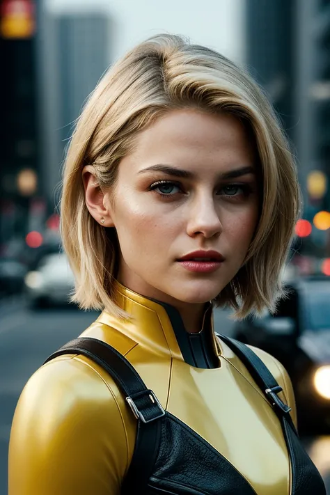 photo of beautiful (r4cht4yl0r:0.99), a woman, perfect blonde hair, (modern photo), (as Hellcat of the Marvel Cinematic Universe, yellow superhero outfit), closeup portrait, 85mm lens, (analog, cinematic, film grain:1.3), (Futuristic dystopian city viewpoi...