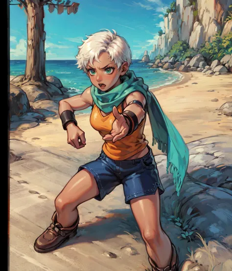 masterpiece, anime screencap, 1 girl, solo, short hair, white hair, dark skin, muscular, orange shirt, blue shorts, green scarf, bare arms, wristbands, angry, full body, fighting pose, outdoors, cowboy shot, beach  <lora:Jewel:1>