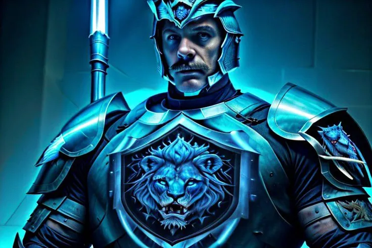 High detail cinematic portrait photo of leoricvisionaries, 35 year old man muscular man, barbute helmet, 
, glowing lion chest emblem, holding owl power staff, serious look, realistic, depth of focus, cinematic masterpiece, good lighting, well lit, detaile...