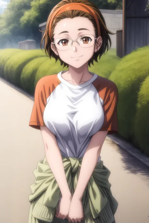 hires, best quality, masterpiece, 1girl, solo, looking at viewer, smile, short hair, brown hair, brown eyes, glasses, hairband, tsugumi_rosenmeier, shirt, raglan sleeves, tsugumi_rosenmeier, outdoor