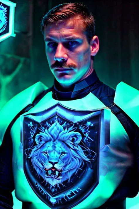 High detail cinematic portrait photo of leoricvisionaries, 30 year old man muscular man, no helmet, short clean cut hair, glowing lion chest emblem, regal look, realistic, depth of focus, cinematic masterpiece