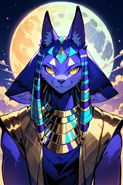 furrydskstyle, solo, 1boy, animal ears, no humans, sphynx, jewelry, closed mouth, yellow eyes, upper body, male focus, sky, colored skin, moon, slit pupils, furry, furry male, purple skin, egyptian clothes, masterpiece, best quality , official art , <lora:...