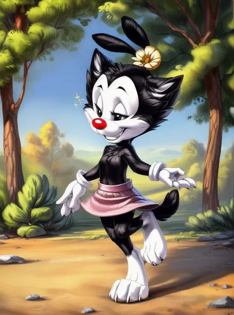 ((solo)) (<lora:DotW_2:1>, dotw, girl, black body, black head, white cheeks, white legs, black ears, mouth closed, smile with teeth, black tail, white eyelids, black eyes, Red nose, white gloves, yellow flower on head, pink skirt, standing on one leg, wink...