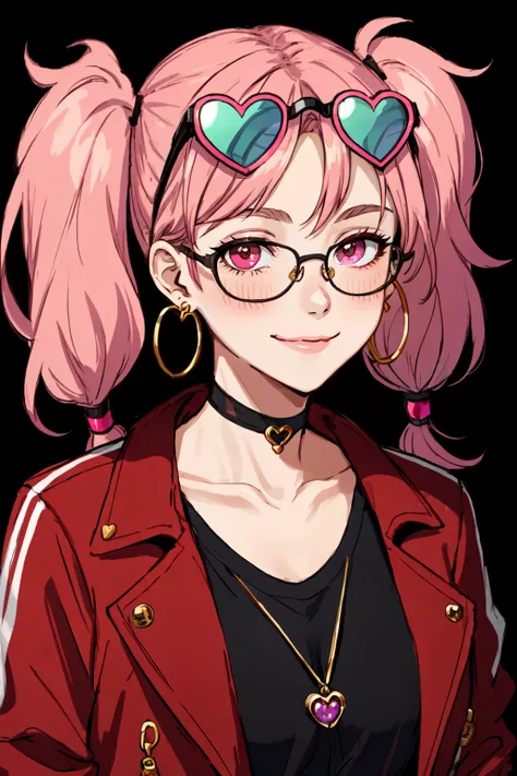 masterpiece, best quality, choker, Kitch, Transgender Female, pink hair, eyewear on head, heart-shaped eyewear, heart, earrings, looking at viewer, jacket, :3, jewelry, red jacket, blush, hoop earrings, shirt, upper body, portrait, smile, twintails, simple...