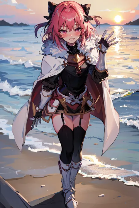 best quality, masterpiece, perfect anatomy, 1boy, <lora:Astolfo_-_Rider:1>, astrider, black polo neck,  fur trim, cape, hair bow, garter straps, gauntlets, black shirt, black thighhighs, armored dress, white boots, sunset beach background, (blushing, grinn...