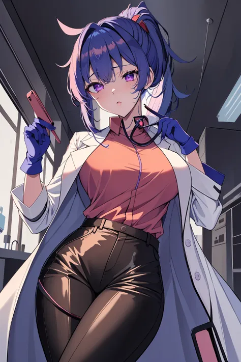 ((masterpiece, best quality, high quality)),1girl,<lora:infirmary_v0.1:0.5> (infirmary), <lora:Valerie Kato:0.7> (valerie kato, ocg:0002, 1girl, blue hair, bangs, purple eyes, nail polish, red nails, folded ponytail, large breasts), <lora:brwn_doctor_unifo...