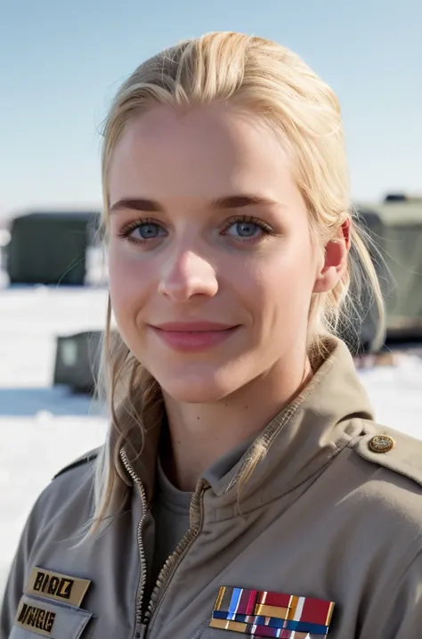 Professional photograph of GA1,<lora:GemmAtkins20byMal:0.9>, 36yo. blonde, shes very fit, shes a soldier wearing a modern military navy uniform, shes standing guard outside a military encampment in a frozen tundra, shes wearing a fancy uniform, snowing, su...