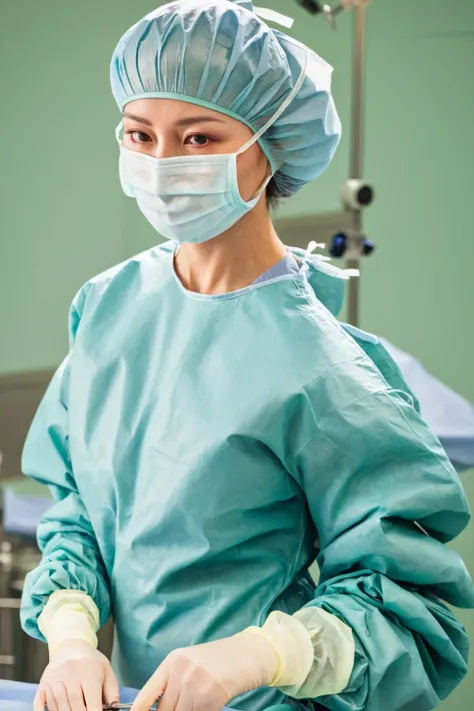 A female surgeon in surgical outfit, surgical mask, surgical cap and surgical gloves, Detailed picture, very high resolution, operating room,  <lora:concept_surgeon_xl_v1:1>