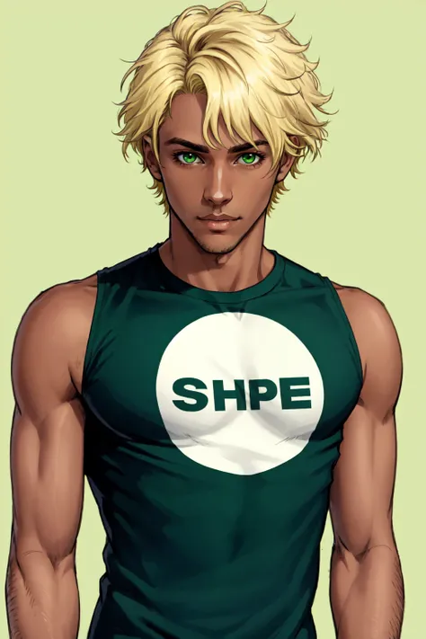 1 boy, mature, genderless, male focus, dishwater green-blonde hair, green eyes, warm features, short curly hair, tan skin, dark skinned male, realistic