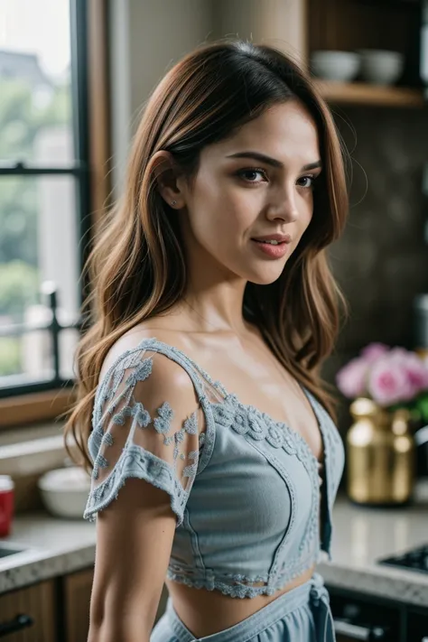 RAW photo, tv_Eiza_Gonzalez_A_V1,  joyful expression, ((full body shot)), action shot,  wearing rodeo costume , kitchen, blue eyes, red hair, pale skin, looking over the shoulder, full body shot,  flirting with the camera, instagram pose, photo, f1.4, 40mm...