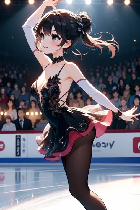 (((masterpiece))), (((best quality))), (((from side))), (((figure skating))), ((dancing on grand ice skating exhibition)), (raise shoe), raise arm, black mint bling decorate lace dress, sleeves, cinematic light, countless crowd, wind, night, solo, 1girl, s...