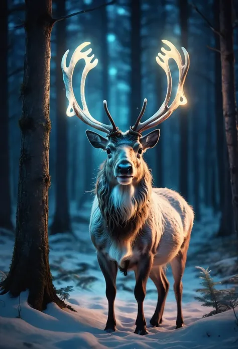 reindeer in magical forest, glowing horns, midnight