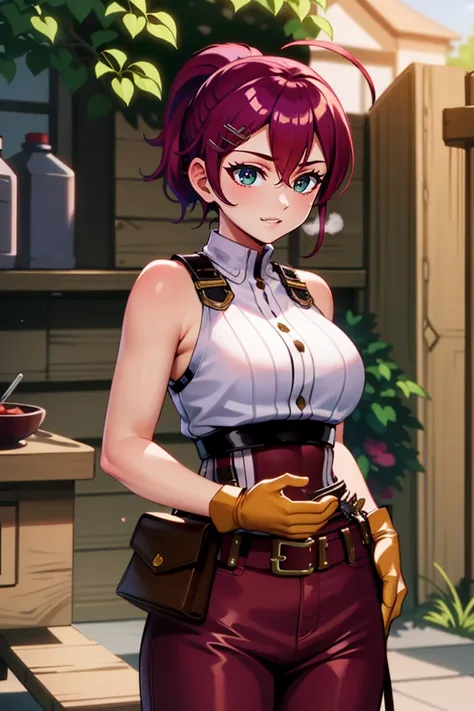 <lora:PAseer-SD15-LCM Quick:1>
<lora:Sylvia_Potionomics:1> sylvia_potionomics, green eyes, red hair, hair between eyes, ahoge, hairclip, ponytail, short hair, large breasts, brown gloves, belt, pouch, white shirt, sleeveless, pants,