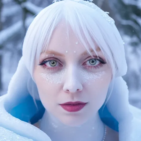 Portrait photo of (MaryMorgan), Ice Queen, everything covered in snow, detailed skin, DSLR, shot on Nikon Z9, fantasy style