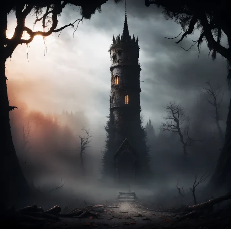 (masterpiece:1.2), (best quality,:1.2), 8k, HDR, ultra detailed, ((photorealistic)), professional light, cinematic lighting, fashion photography, ambient lighting, background, a dark gothic tower in a clearing of a sinister forest,  Darkness, <lora:Darknes...