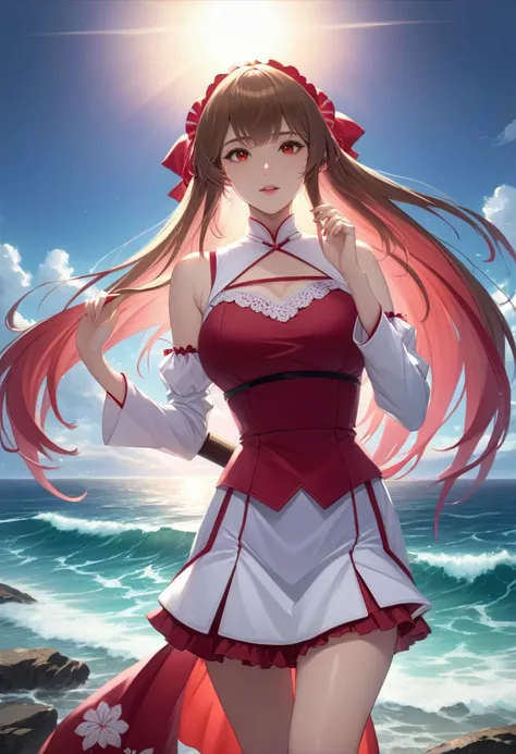 1girl, blue sky, bow, brown hair, cloud, cloudy sky, day, detached sleeves, dress, hair bow, hair tubes, horizon, long hair, ocean, outdoors, red eyes, scenery, skirt, skirt set, sky, solo, sun, water, waves, (((hakurei reimu))), absurdres, highres,

(mast...