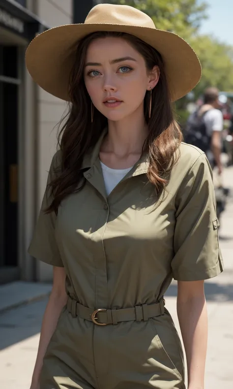 Camera shot style from "lee friedlander", ((upper body shot)), 1 beautiful female, a woman, wear Safari Explorer: Utility jumpsuit, hiking boots, and wide-brimmed hat., hair flaps futuristic, sunny day city street, enki bilal realistic, detailed eyes, deta...