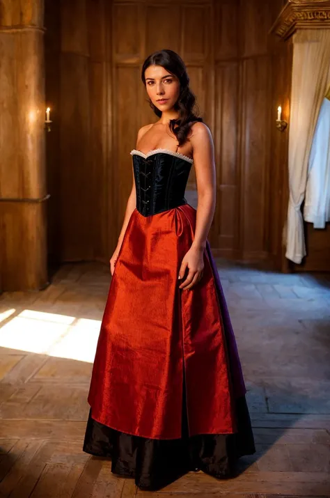 A stunning intricate full color picture of a beautiful woman, wearing a Tudor-style bodice and skirt in a historic castle, portait, epic character composition,by ilya kuvshinov, alessio albi, nina masic,sharp focus, subsurface scattering, f2, 35mm, film gr...