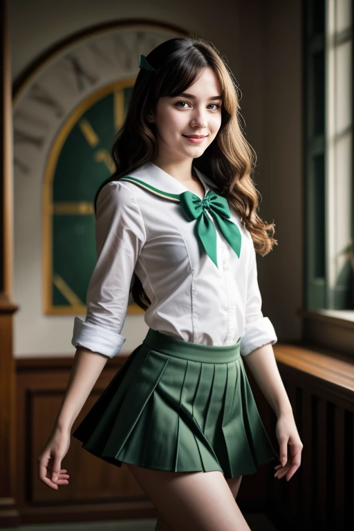 ((1 girl, 22 y.o, Masterpiece, best quality, cinematic lighting, 8k, full body shot, long hair, hourglass body)), (smile:0.85), (realistic background:1.2)
<lora:SF_School_Dress_By_Stable_Yogi:0.8>
green school uniform, bowtie, sailor collar, pleated skirt