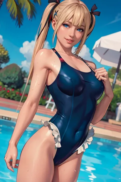 masterpiece,best quality,extreme detail,8k,<lora:marie10:0.8>,marie2,1girl,solo,long hair,breasts,looking at viewer,smile,bangs,blue eyes,blonde hair,hair ornament,bow,ribbon,bare shoulders,twintails,swimsuit,hair ribbon,heart,small breasts,outdoors,frills...