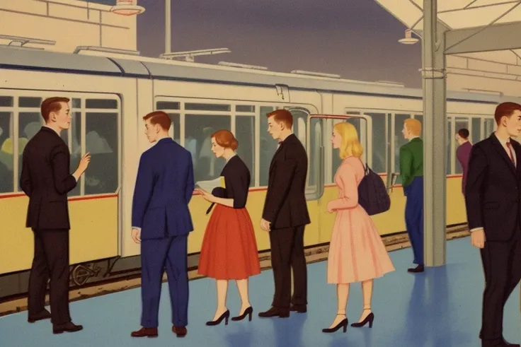 <lora:nooneaskedforthis:1> nooneaskedforthis, illustration of people on a trainstation