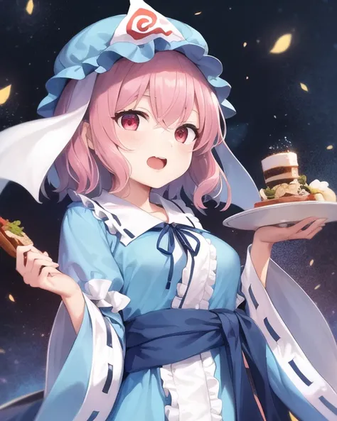 (masterpiece, best quality, high quality, highres, ultra-detailed), 1girl, solo, <lora:Yuyuko_TH7-000004:0.3>, saigyouji yuyuko, flat chest, open mouth, holding food,