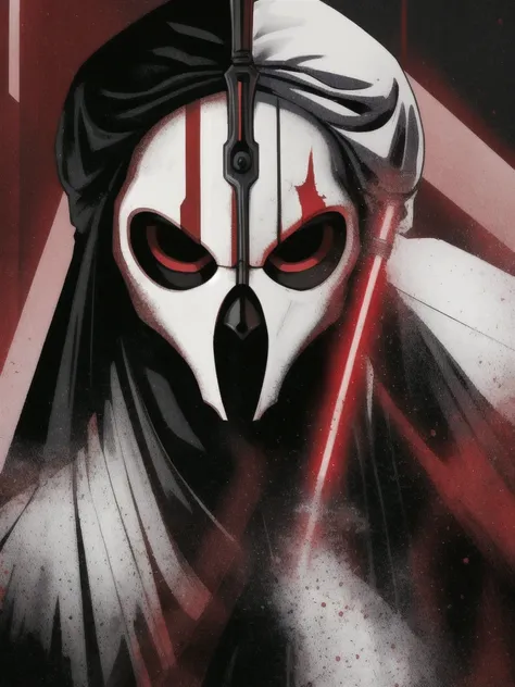 darthnihilus, white mask with red marking, dark cloak, black gloved, fully covered, red lightsaber, holding weapon, upper body <lora:darthnihilus:0.8>