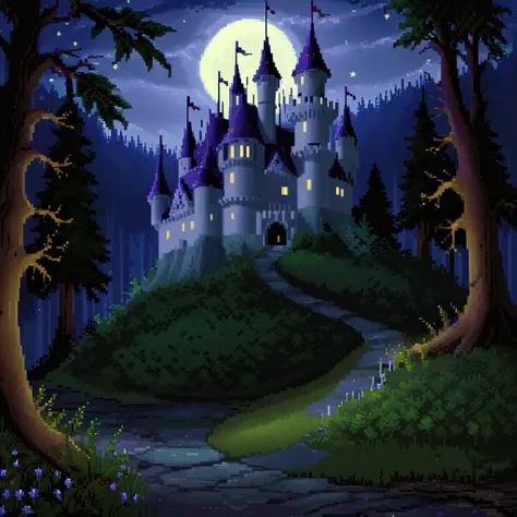 dosvga style, magic castle ,forest at night <lora:dosvgaSDXLlr4-000007:1>