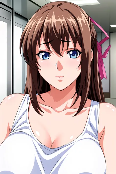 Simple White Background,
White tank top, collarbone, cleavage, bare shoulders, 
<lora:Kiyoka_Suzumoto_KyouikuShidou-KK77-V1:0.7>,
blue eyes, Brown hair,bangs,Long hair,hair ornament, 
<lora:Oda_Non_Style-KK77-V2:0.3>,<lora:more_details:0.1>,
1 girl, 20yo,Y...