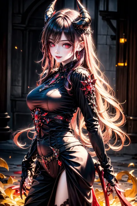 <lora:heihua006:0.8>,(face lighting:0.8),bright backlight,super high resolution,best quality,Photos,4k,(Realistic:1.2),heihua,1girl,very long hair,red eyes,smile,thigh,full_shot,front view,black clothes,devil horn,