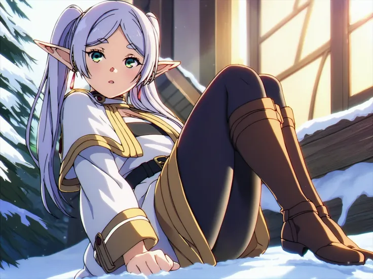 1girl, sfrieren, elf, pointy ears, silver hair, white hair, green eyes, BREAK
robe, black pantyhose, brown boots, belt, capelet, BREAK
sitting, wariza, looking at viewer, BREAK
snow, sitting on snow, BREAK
<lora:sfrieren_ponyxl:0.9>, score_9, score_8_up, s...