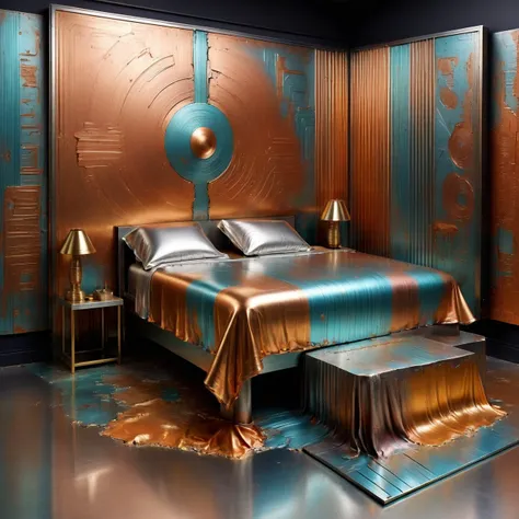 cs-m3tal-400 modern bed in a futuristic art studio, very detailed, intricate, fall color palette