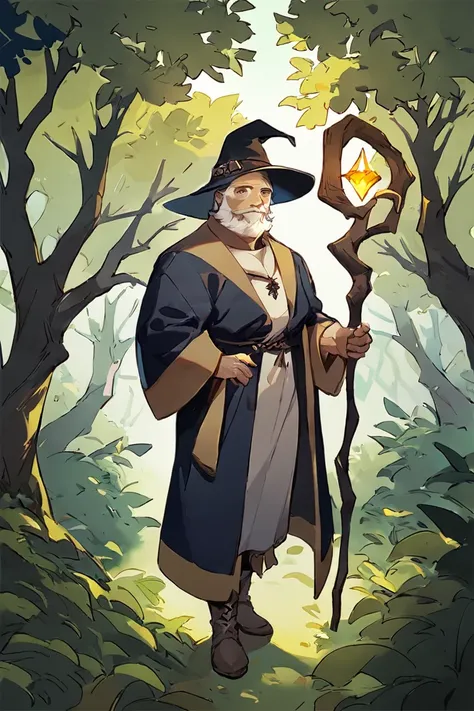 score_9, score_8_up, score_7_up, wizard, old, 1boy, old man, male focus, hat, beard, solo, staff, witch hat, facial hair, forest, nature, robe, long hair, looking at viewer, tree, holding, white hair, outdoors, holding staff, boots <lora:Anime Style 2 SDXL...