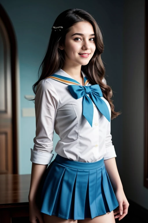 ((1 girl, 22 y.o, Masterpiece, best quality, cinematic lighting, 8k, full body shot, long hair, hourglass body)), (smile:0.85), (realistic background:1.2)
<lora:SF_School_Dress_By_Stable_Yogi:0.8>
turquoise school uniform, bowtie, sailor collar, pleated sk...